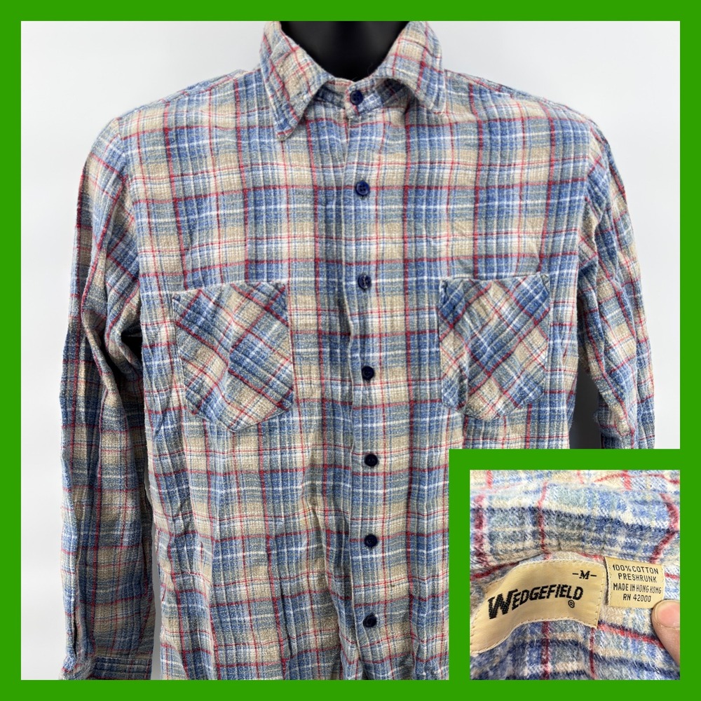 Vintage Wedgefield Flannel Shirt Mens Medium Plaid Blue Red Heavy Cotton 70s 80s